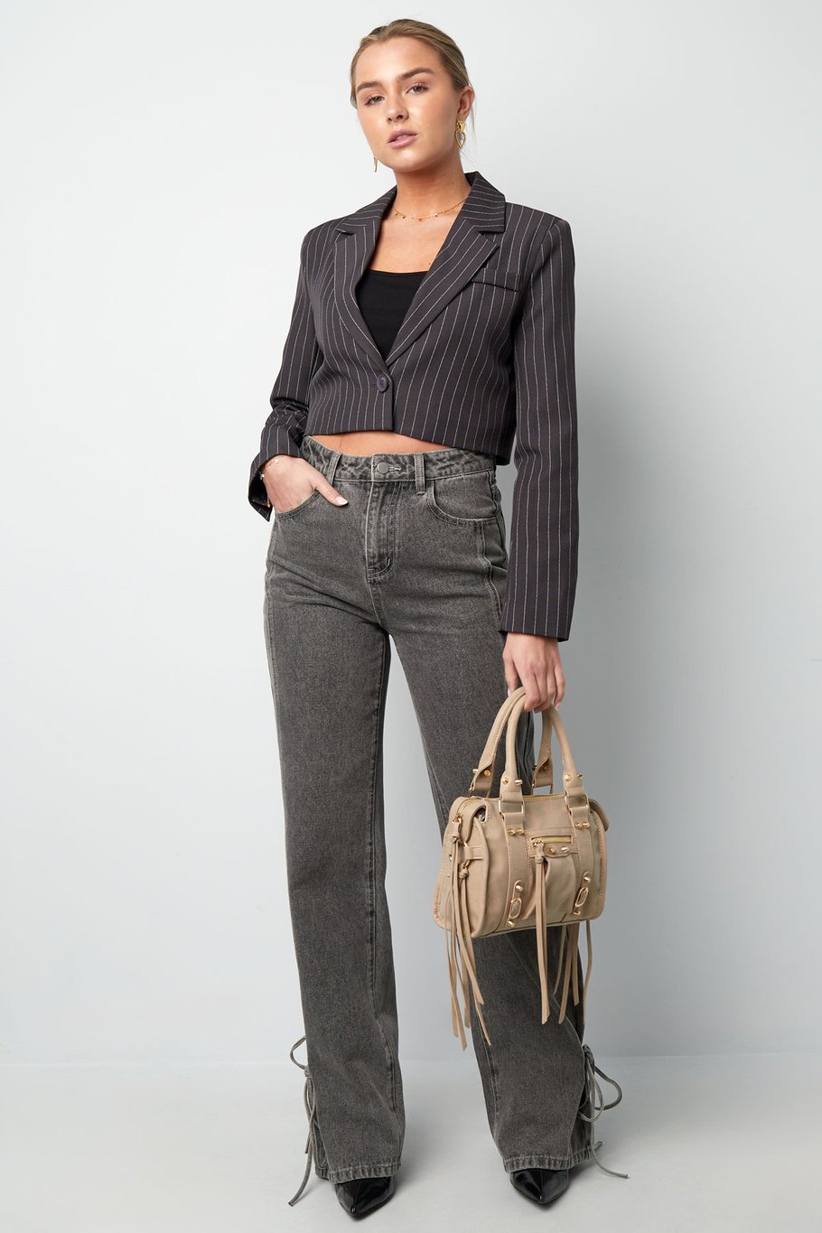 Blazer corto a righe gessate - Grigio Immagine3